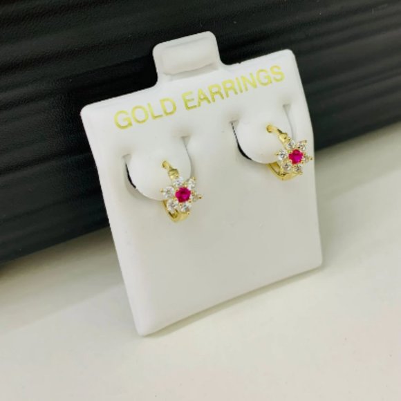 14K Yellow Gold Flowers Huggies Hoop Earrings Birthstones 11x13mm for Baby Girls - Picture 15 of 16